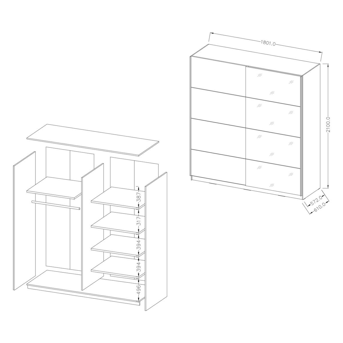 SCHWEBETÜRENSCHRANK BETTINA 180/210/61 cm 2-türig mit Spiegel Weiß - Weiß, Holzwerkstoff (180/210/61cm) - MASSENO