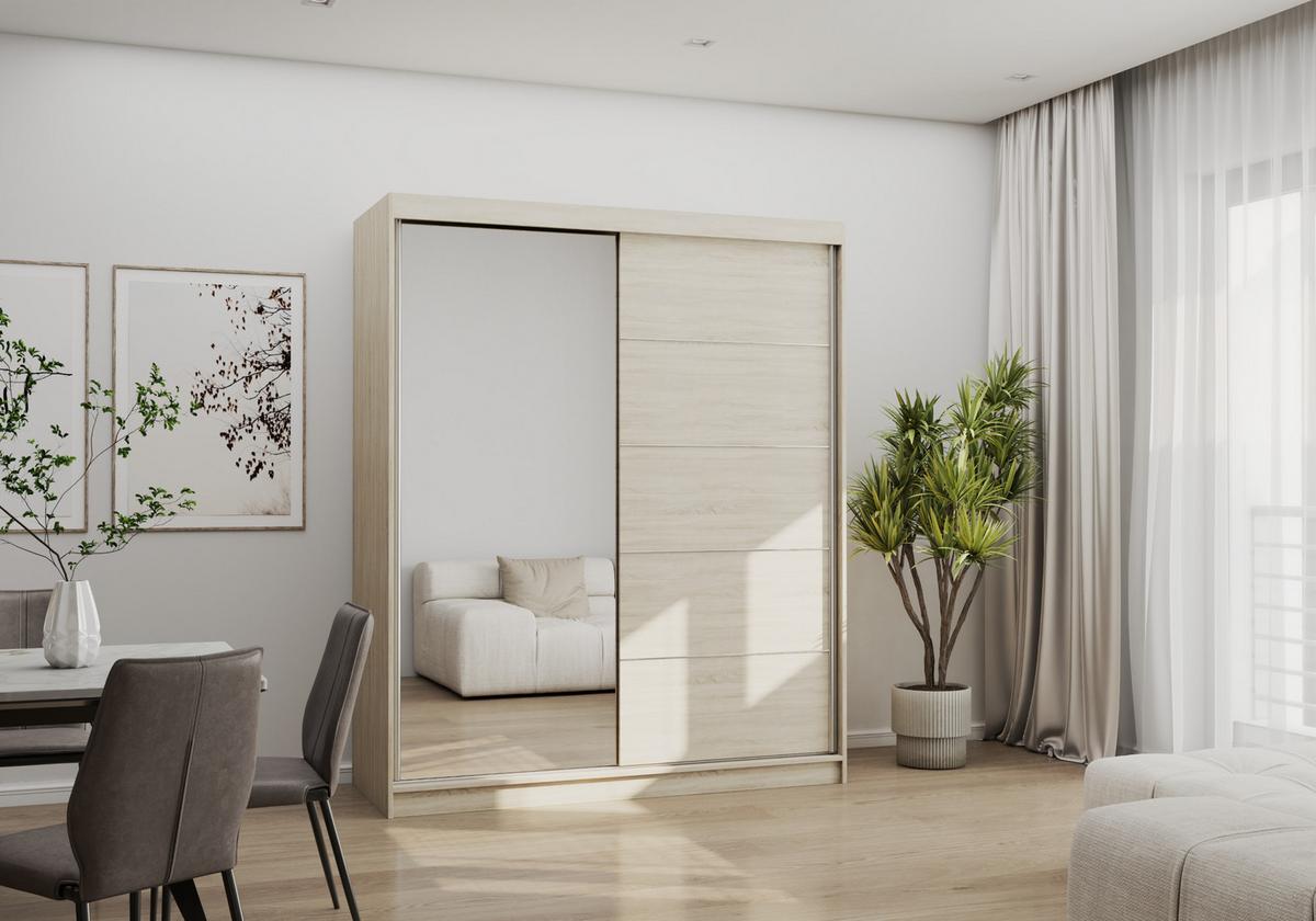 SCHWEBETÜRENSCHRANK Bono 05 Sonoma Eiche/Sonoma Eiche mit Spiegel 160 cm - Alufarben/Sonoma Eiche, Holzwerkstoff/Metall (160/195/61cm) - imoebel24