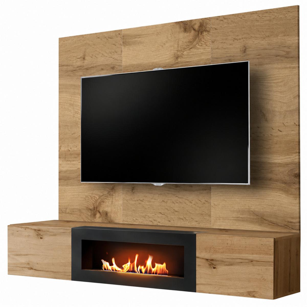 TV-LOWBOARD Eiche Wotan 180 cm hängend, Set inklusive Ethanol Kamin und Wandpaneel - Eiche Wotan, Holzwerkstoff (180/148/40cm) - Inn.Furn