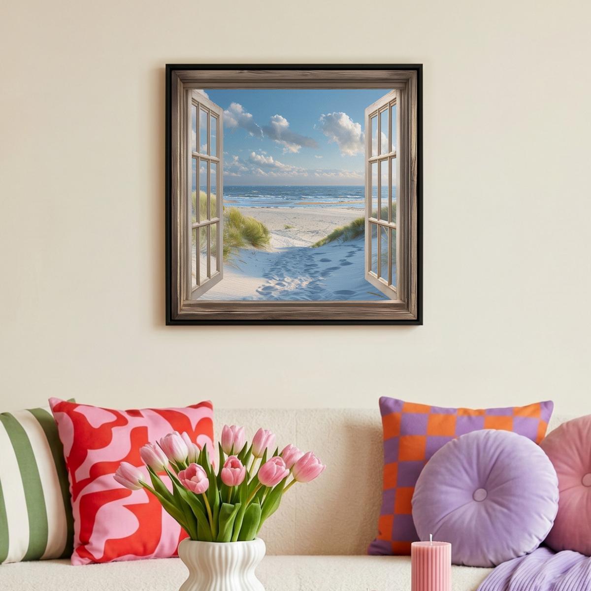 LEINWAND Bilder mit Rahmen - Aussicht - Strand - Fenster - Dünen - Meer - 50x50 - Hellblau, Textil (50/50cm) - MuchoWow