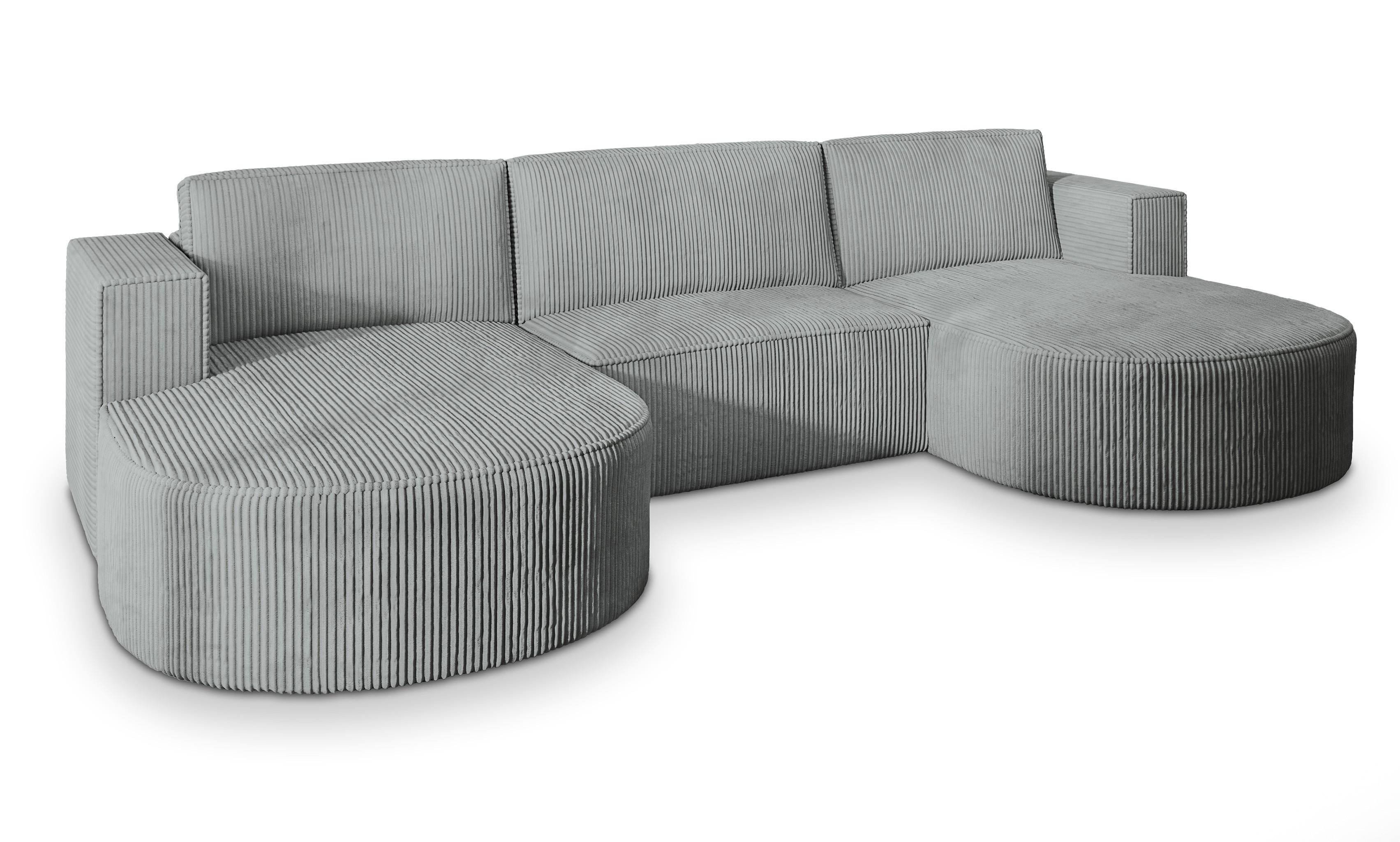 WOHNLANDSCHAFT VEZZO P Hellgrau Kordstoff mit Schlaffunktion - Hellgrau/Grau, Holz/Kunststoff (347/85/174cm) - MASSENO