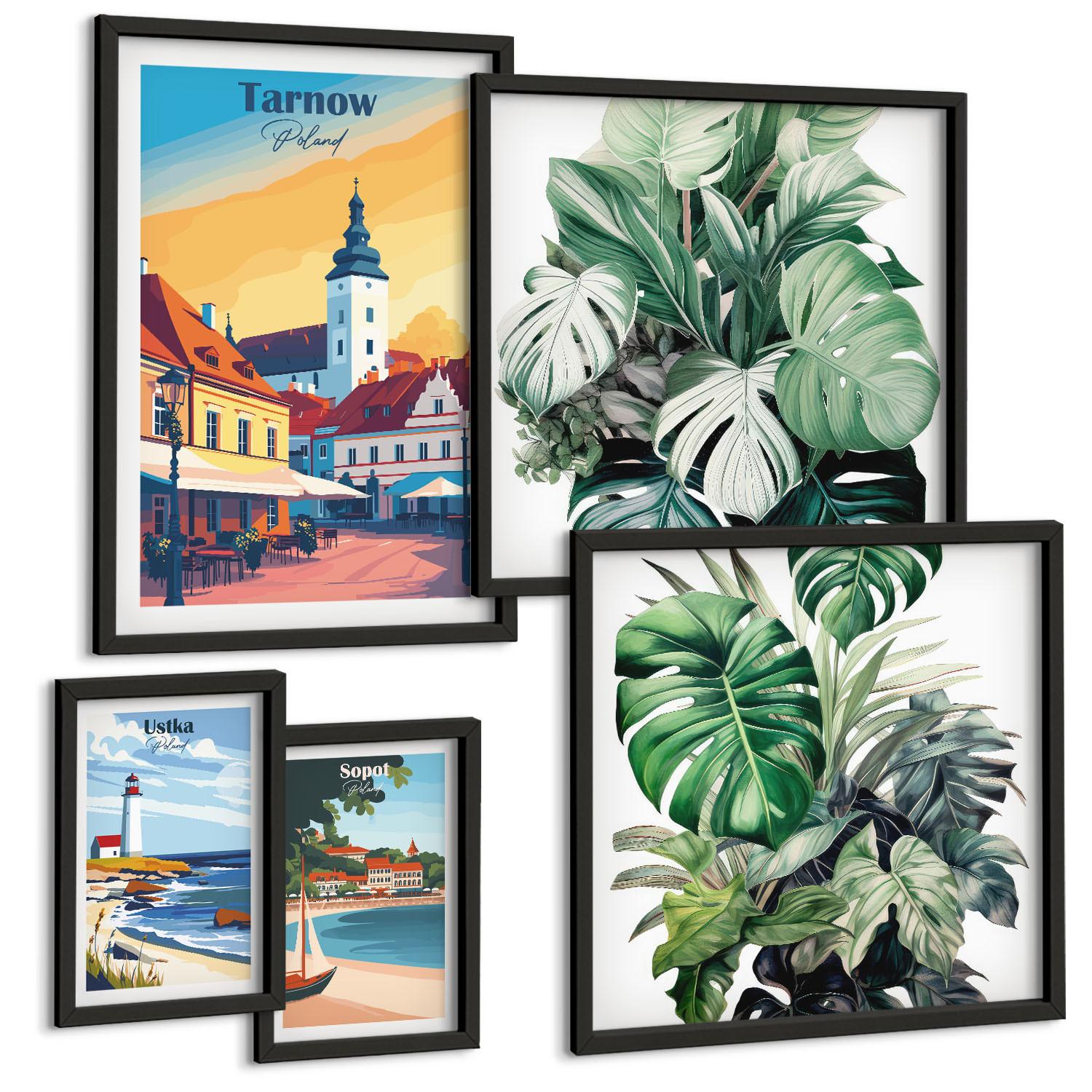 BILDER SET 5er Set - 50x50 cm & 20x30 cm & 40x60 cm Schwarzer Rahmen - Stadt- und Naturlandschaften - Schwarz, Kunststoff (40/60cm) - TULUP
