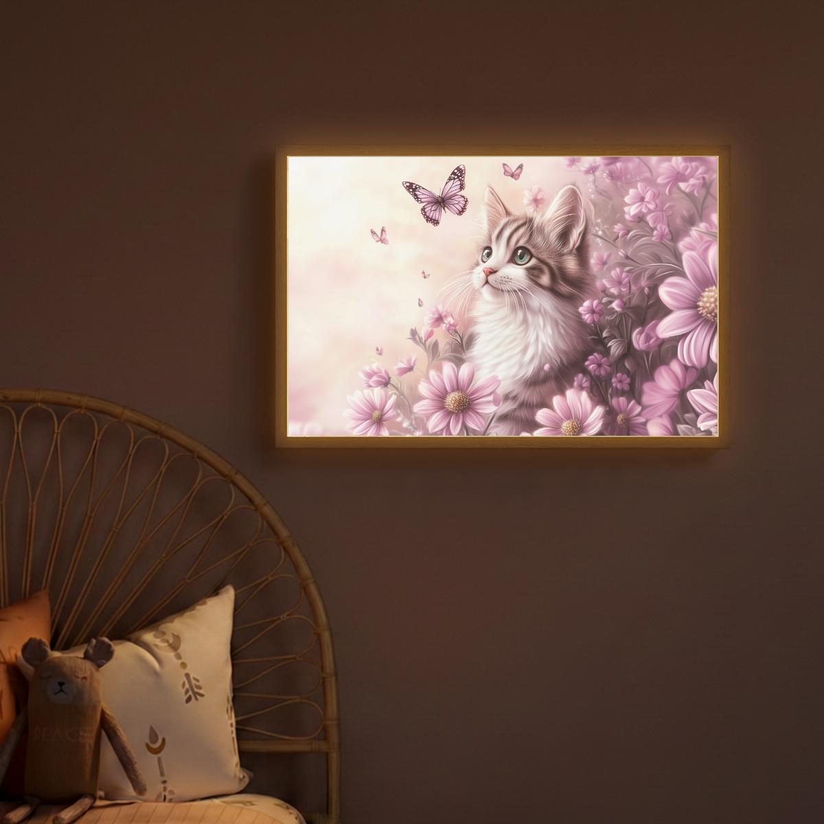 WANDLEUCHTE MIT AKKU Kätzchen - Blumen - Schmetterlinge - Lila 60x40 cm - Altrosa, Holzwerkstoff (60/40/8cm) - OnlyWow