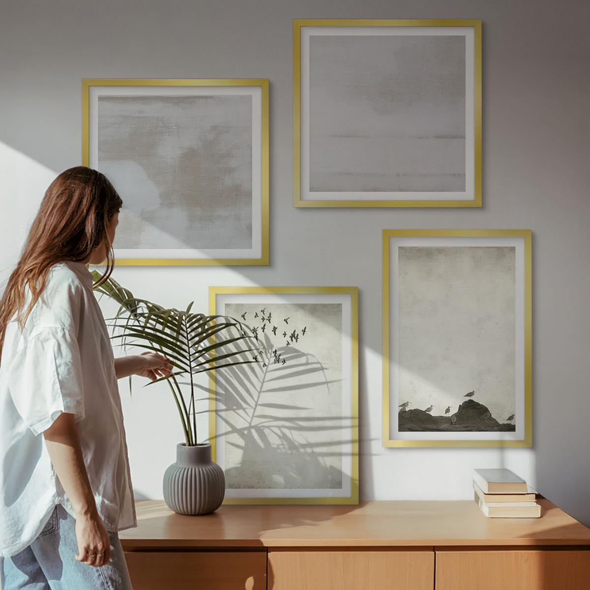 BILDER SET 4er Set - 50x50 cm & 40x60 cm Goldrahmen - Textur eines Vogelschwarms - Goldfarben, Kunststoff (50/50cm) - TULUP