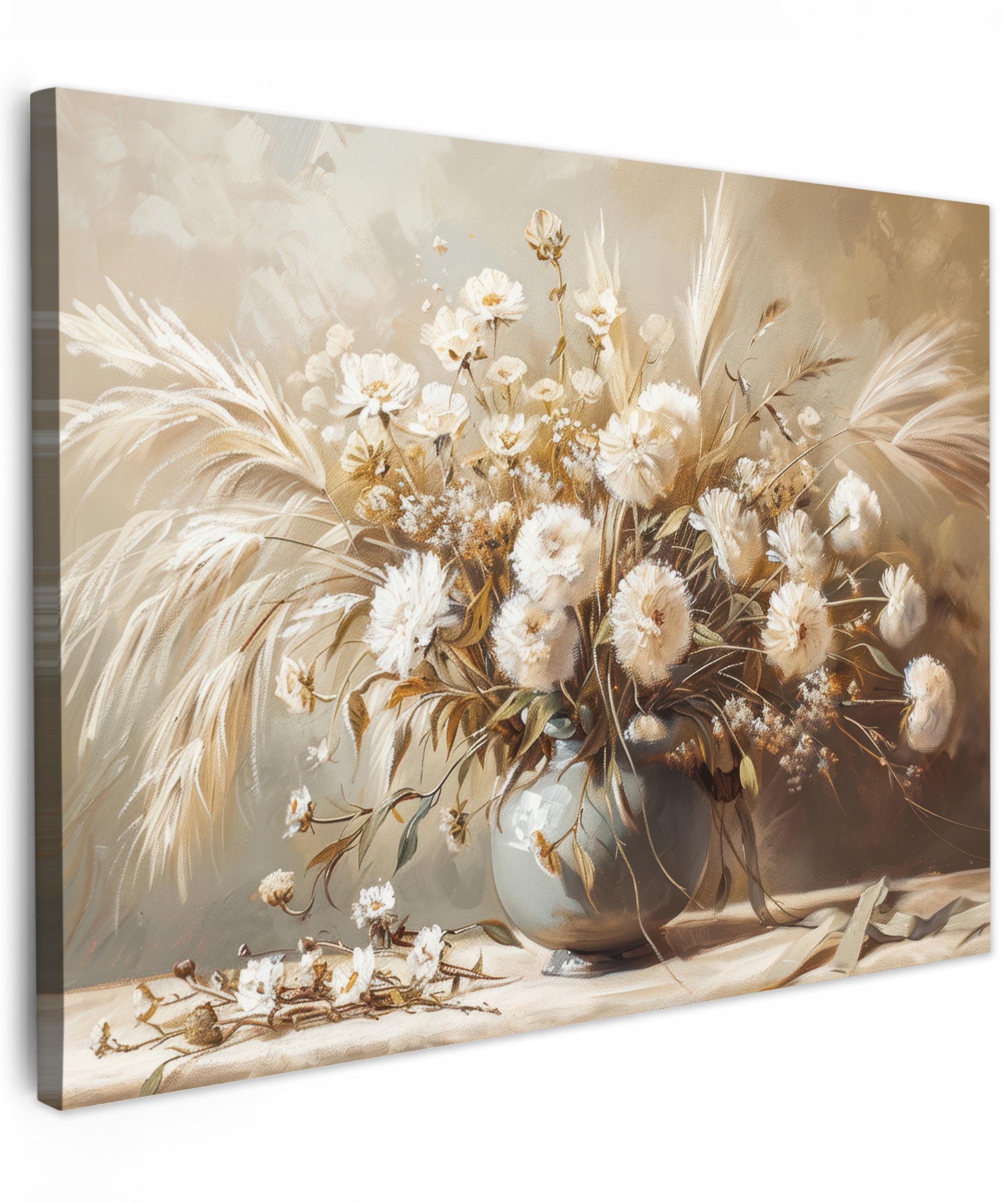 LEINWANDBILD Blumen - Vase - Stilleben - Beige Wandbilder 80x60 cm - Creme, Textil (80/60cm) - MuchoWow