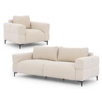 SITZGARNITUR 3+1 Cardea in Bubble-Optik aus weichem Hellbeige Strukturstoff mit hohem Sitzkomfort - Beige/Schwarz, Holz/Textil (217/80/97cm) - S-Style Möbel
