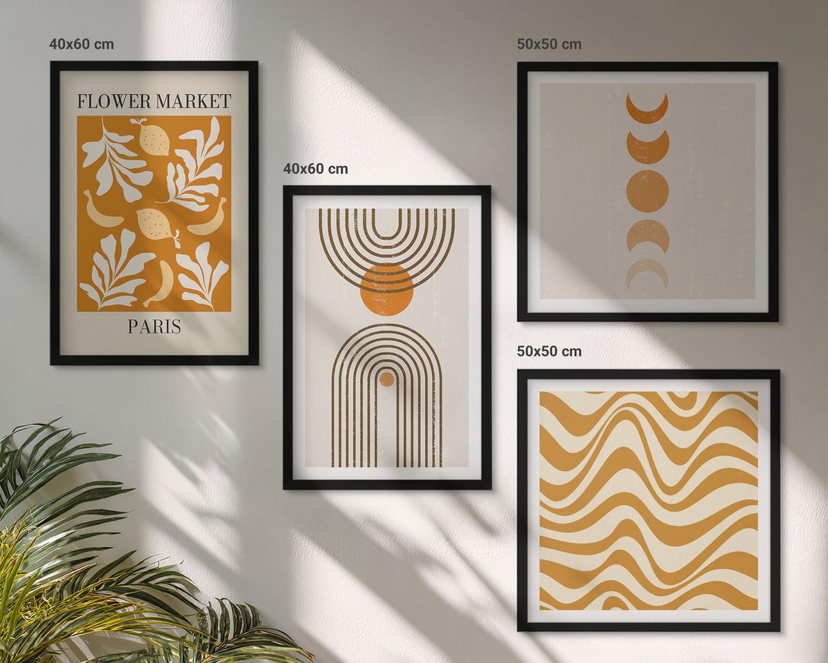 BILDER SET 4er Set - 50x50 cm & 40x60 cm Schwarzer Rahmen - Geometrische Pflanzenmuster - Schwarz, Kunststoff (50/50cm) - TULUP