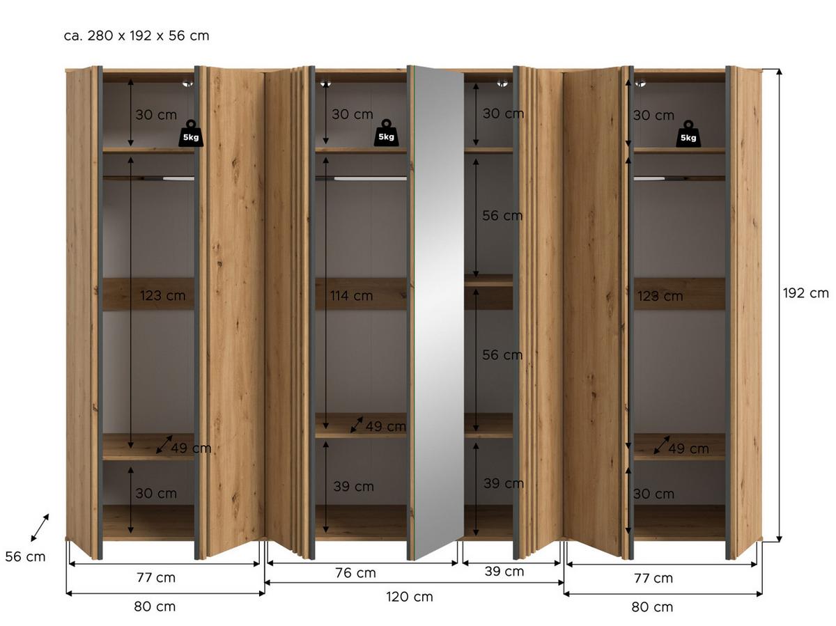 KLEIDERSCHRANK Eiche Artisan, grau 280 x 192 cm 7-türig, Drehtürenschrank mit Spiegel - Anthrazit/Eiche Artisan, Holzwerkstoff (280/192/56cm) - Inn.Furn