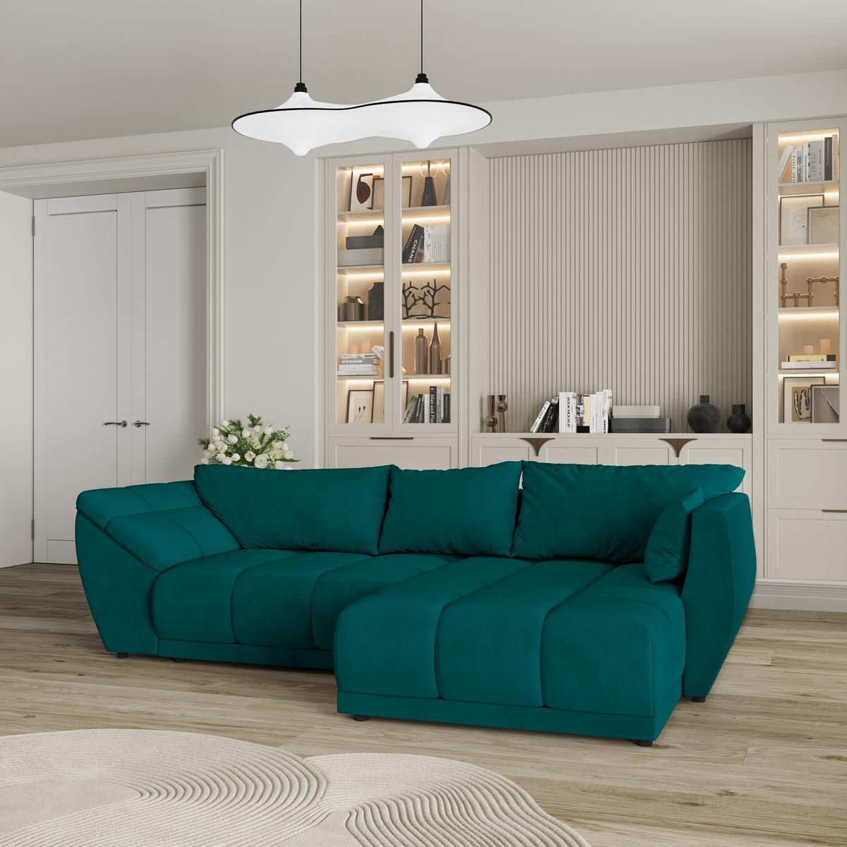 ECKSOFA ORENTI R-S Blau Velours-Stoff mit Schlaffunktion - Türkis, Holz (287/182cm) - MASSENO