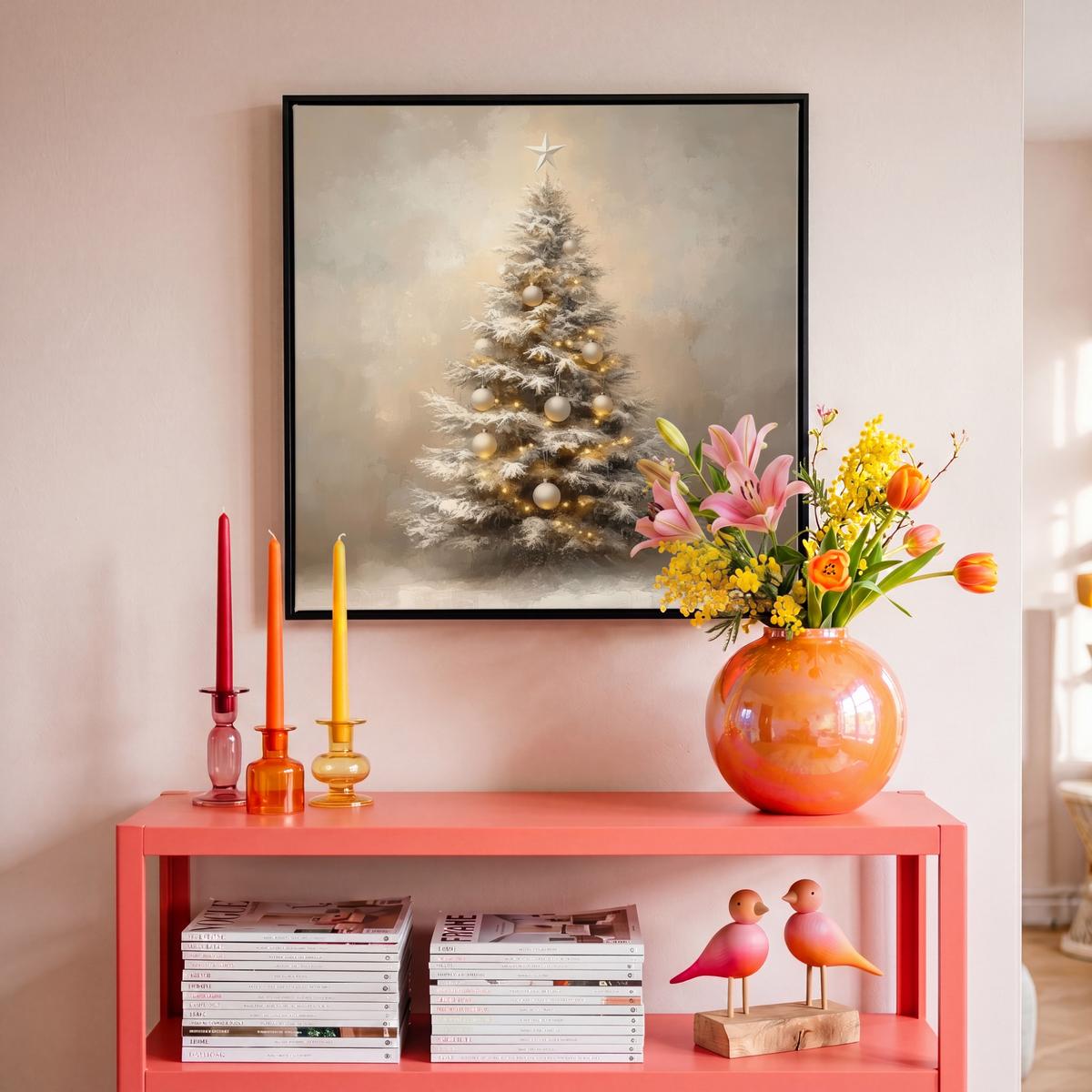 LEINWAND Bilder mit Rahmen - Weihnachten - Weihnachtsbaum - Schnee - Kunst - 50x50 - Champagner, Textil (50/50cm) - MuchoWow