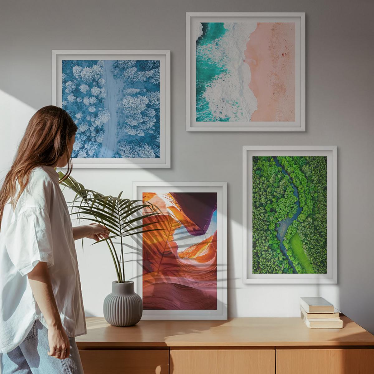 BILDER SET 4er Set - 50x50 cm & 40x60 cm Weißer Rahmen - Grün der Wasserschlucht im Winter - Weiß, Kunststoff (50/50cm) - TULUP