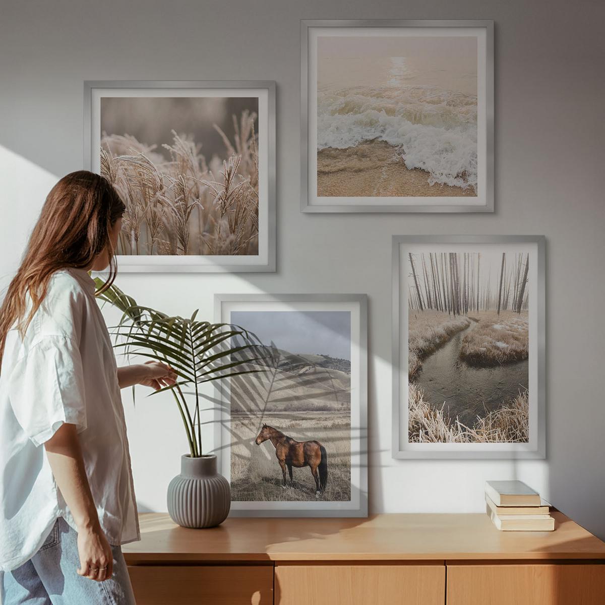 BILDER SET 4er Set - 50x50 cm & 40x60 cm Silberner Rahmen - Pferdelandschaft Seegraswald - Silberfarben, Kunststoff (50/50cm) - TULUP