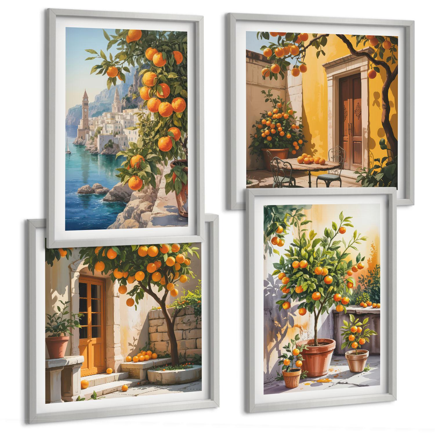 BILDER SET 4er Set - 50x50 cm & 40x60 cm Silberner Rahmen - Gemalte Zitruslandschaften - Silberfarben, Kunststoff (50/50cm) - TULUP