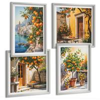 BILDER SET 4er Set - 50x50 cm & 40x60 cm Silberner Rahmen - Gemalte Zitruslandschaften - Silberfarben, Kunststoff (50/50cm) - TULUP