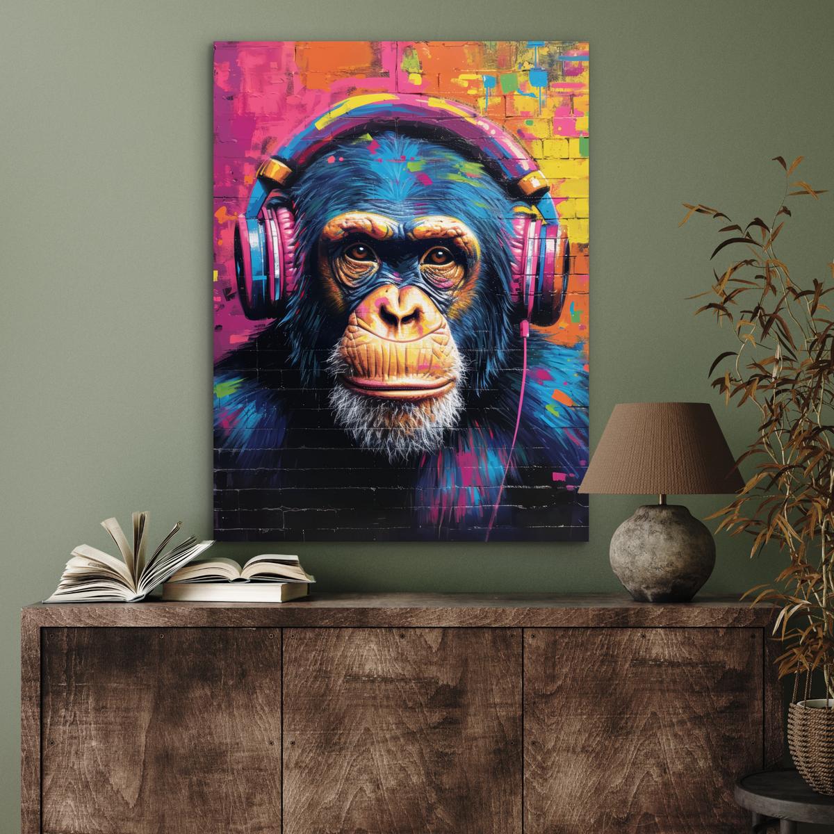 METALLBILD Graffiti - Schimpanse - Straßenkunst - Kopfhörer - Affe 60x80 cm - Blau, Metall (60/80cm) - MuchoWow