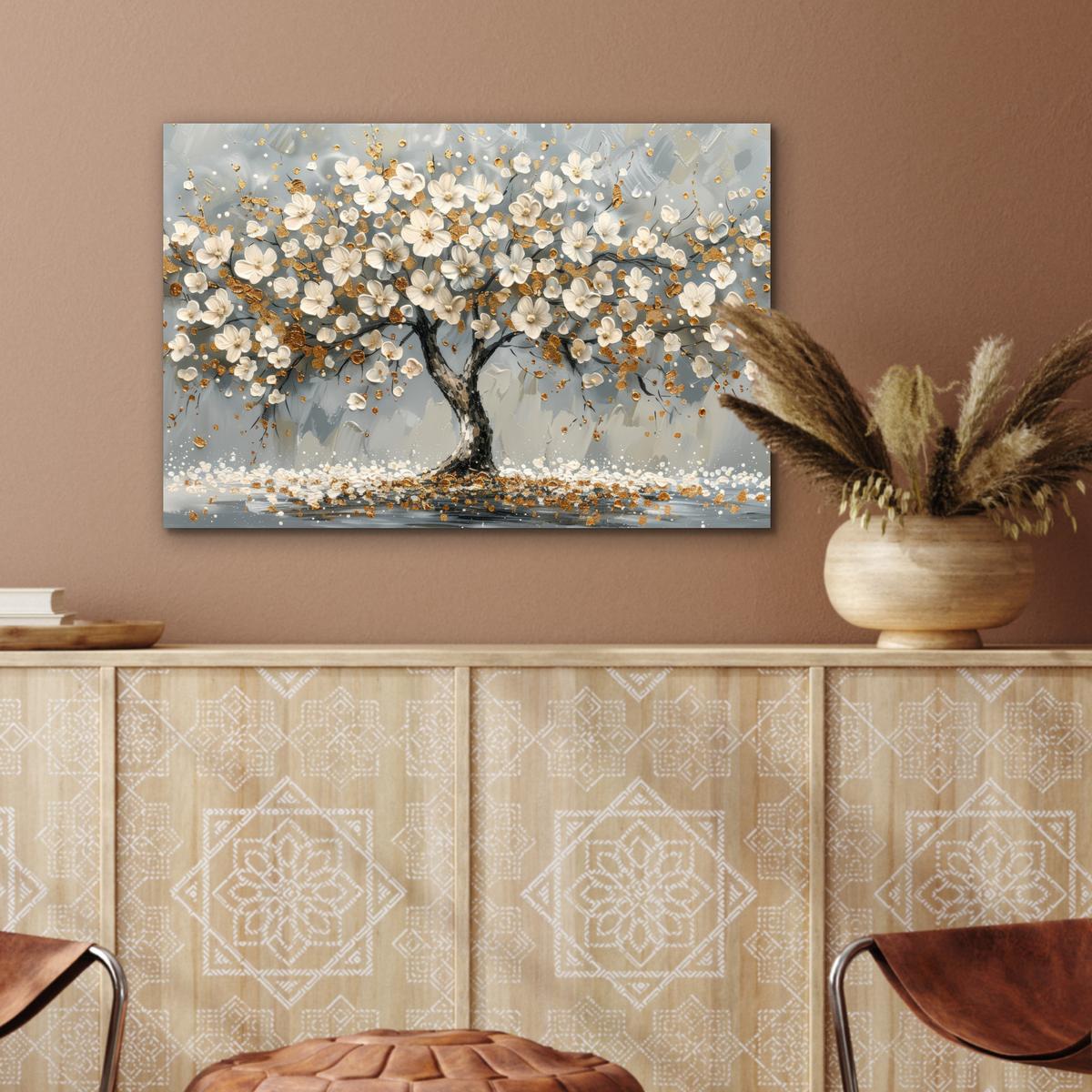 METALLBILD Baum - Blumen - Weiß - Natur - Kunst Wandbild 60x40 cm - Weiß, Metall (60/40cm) - MuchoWow