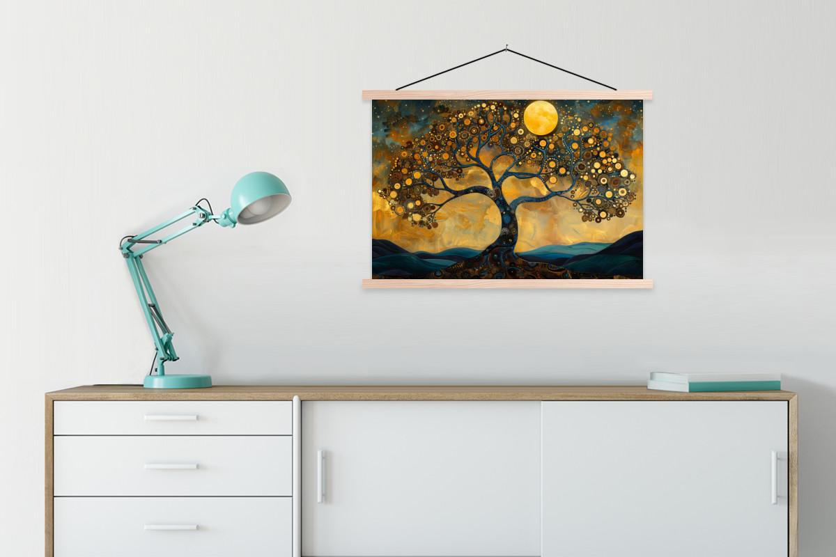 POSTER MIT MAGNETLEISTEN Baum - Mond - Blumen - Gold - Kunst Wanddeko 90x60 cm - Orange, Textil (90/60/0.15cm) - MuchoWow