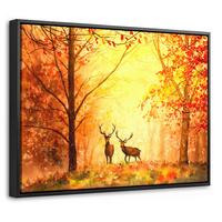 LEINWAND Bilder mit Rahmen - Natur - Ölfarbe - Hirsche - Tiere - Herbst - Orange - 40x30 - Orange, Textil (40/30cm) - MuchoWow