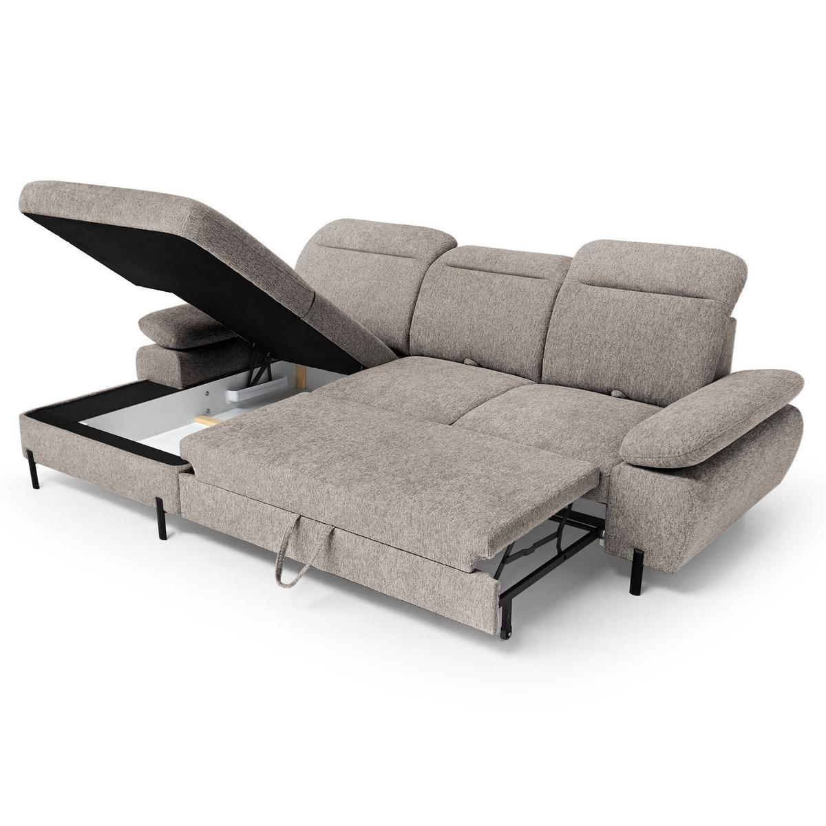 ECKSCHLAFSOFA Sora Mini mit verstellbaren Kopfstützen und Schlaffunktion, Chenille-Stoff, Hellbraun, Links - Hellbraun/Schwarz, Textil (285/190cm) - Beautysofa