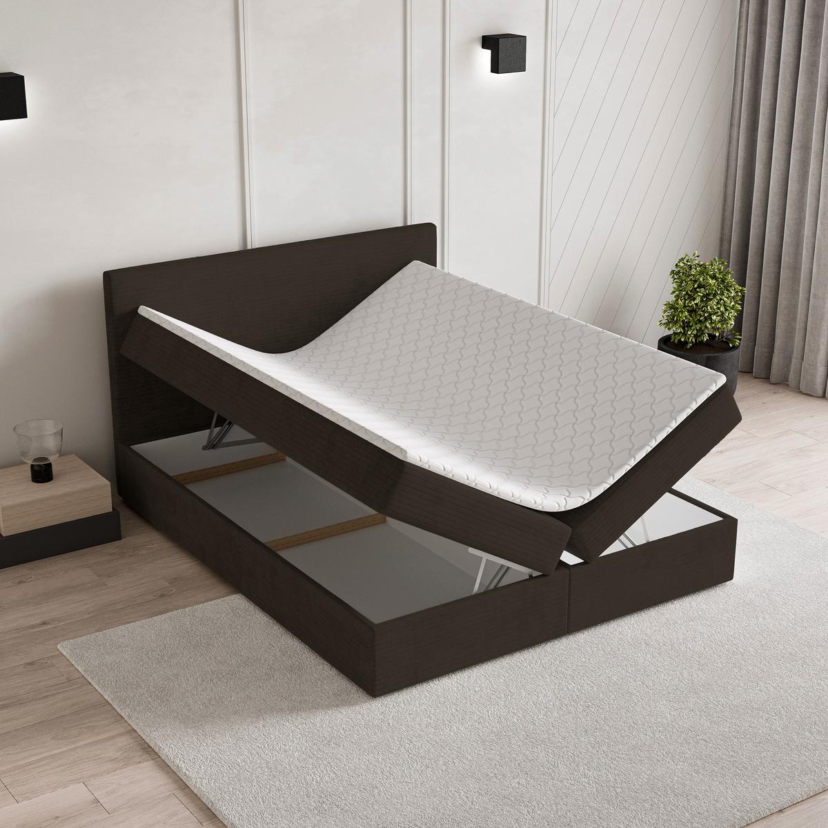 BOXBETT NIRA 140x200 cm mit Matratze und Topper - Braun - Braun, Holz (140/200cm) - MASSENO