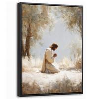 LEINWAND Bilder mit Rahmen - Jesus - Kniend - Waldlandschaft - Betend - 30x40 - Beige, Textil (30/40cm) - MuchoWow