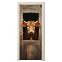 TÜRAUFKLEBER Kuh - Fenster - Holz - Tiere 80x215 cm - Türtapete - Wengefarben, Kunststoff (80/0.1cm) - MuchoWow