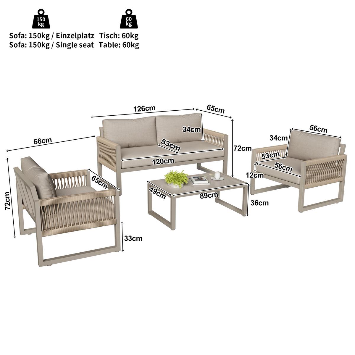 LOUNGEGARNITUR 4-tlg Khaki Metall & Seil Outdoor Sofaset mit 2 Sesseln, Sofa & Glastisch - Sandfarben, Metall - Urban Meuble