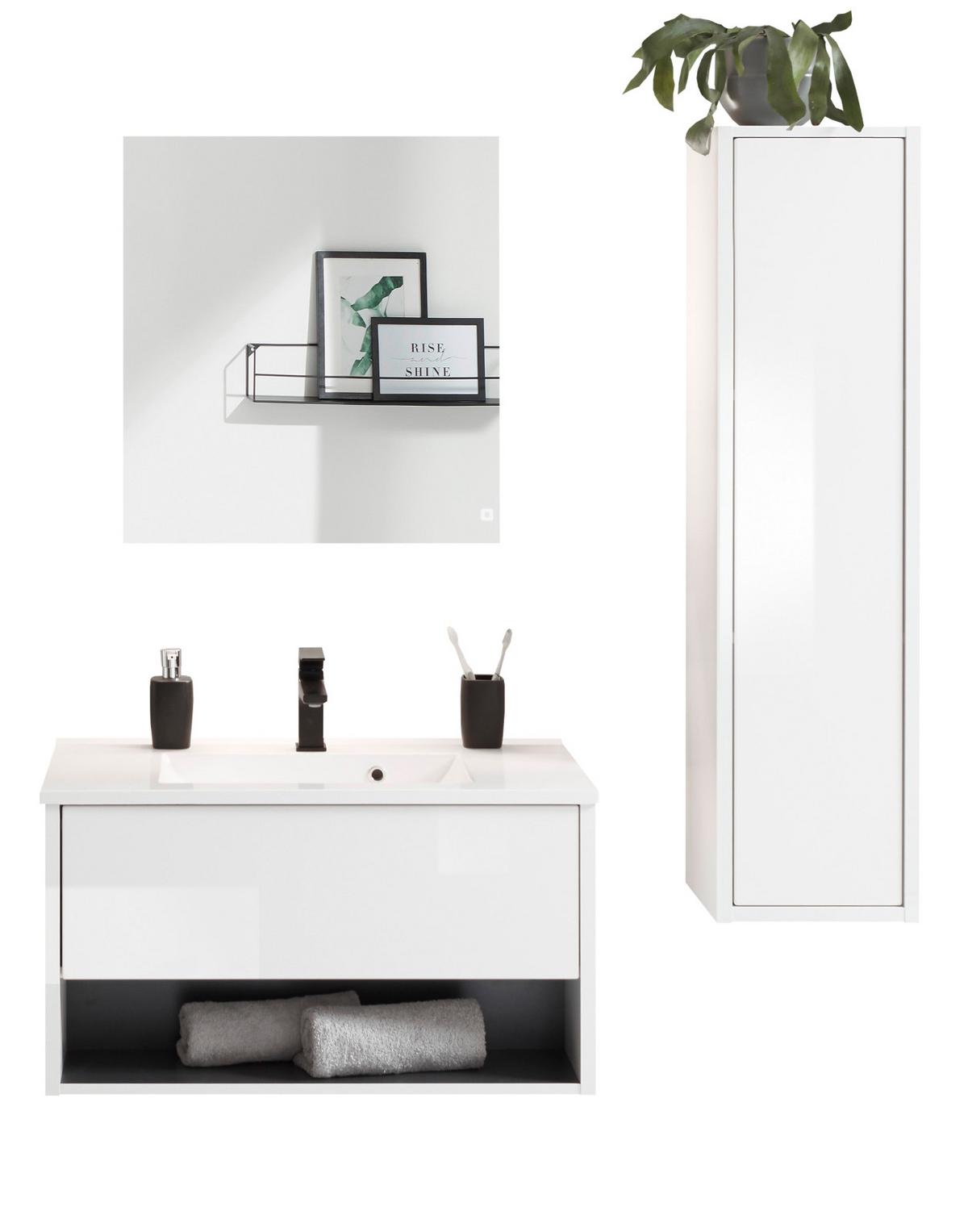 BADMÖBEL-SET weiß Hochglanz, grau, Badezimmer Schränke mit Waschbecken, LED Beleuchtung 120 cm - Weiß Hochglanz/Grau, Glas/Holzwerkstoff (120/190/47cm) - Furn.Design