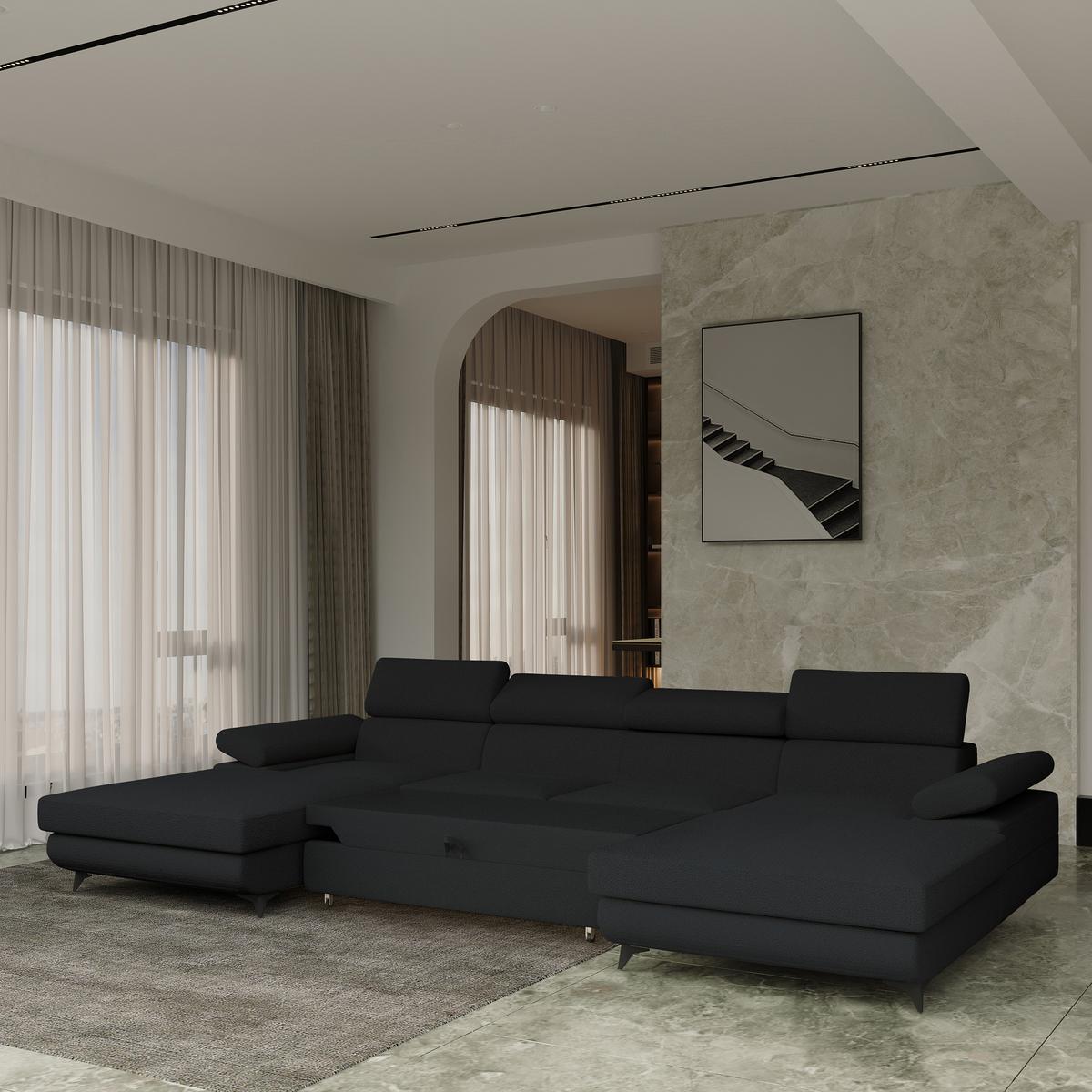 WOHNLANDSCHAFT DETTI Schwarz Boucle-Stoff mit Schlaffunktion - Schwarz, Holz (339/89/190cm) - MASSENO