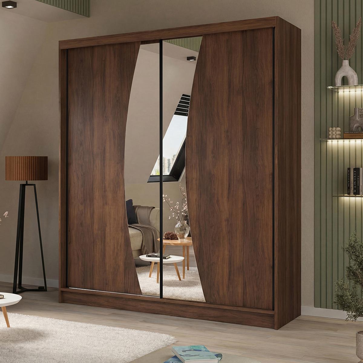 SCHWEBETÜRENSCHRANK Vox II mit Schubladen und Spiegel 200/216/61 Walnuss - Walnussfarben, Holzwerkstoff (200/216/61cm) - Beautysofa