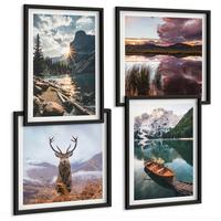 BILDER SET 4er Set - 50x50 cm & 40x60 cm Schwarzer Rahmen - Bergsee, Bootsfahrt, Sonnenuntergang, Hirsche - Schwarz, Kunststoff (50/50cm) - TULUP