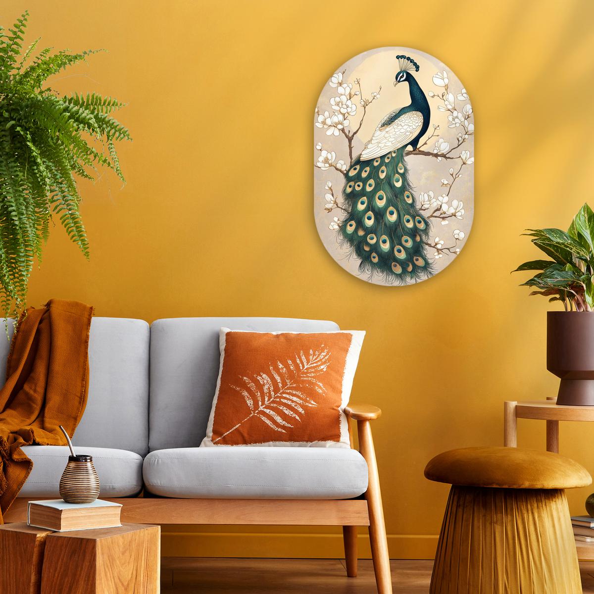 WANDBILD Pfau - Zweig - Blumen Deko Wohnzimmer 40x60 cm - Champagner, Kunststoff (40/60cm) - MuchoWow