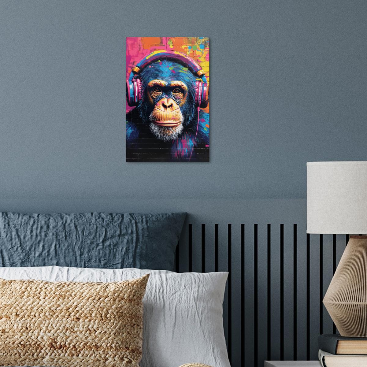 POSTER Graffiti - Schimpanse - Straßenkunst - Kopfhörer - Affe Room Decor 20x30 cm - Blau, Papier (20/30/0.1cm) - MuchoWow