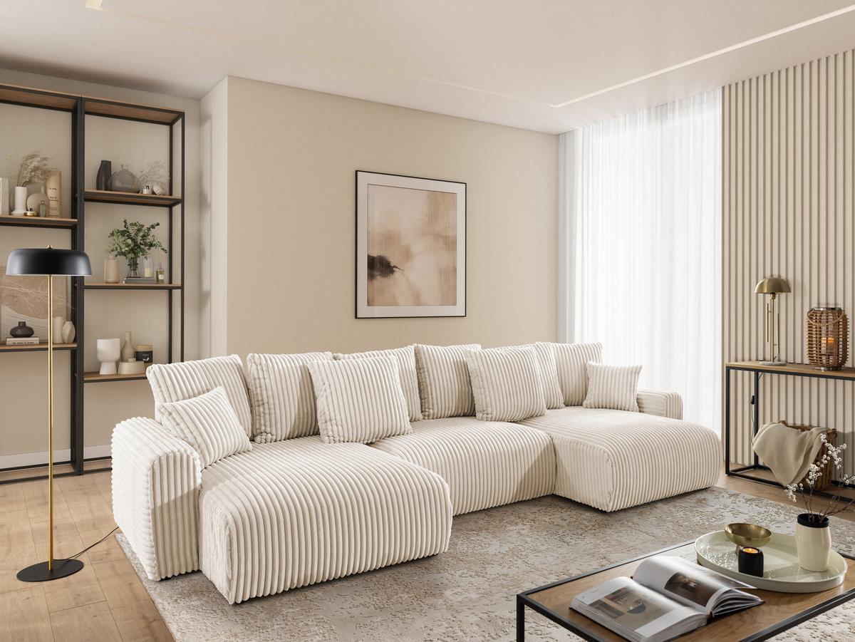 WOHNLANDSCHAFT Calma mit Schlaffunktion und Bettkasten im Bumpy-Design aus weichem Creme Plüschcord - Beige/Creme, Holz/Textil (336/88/140cm) - S-Style