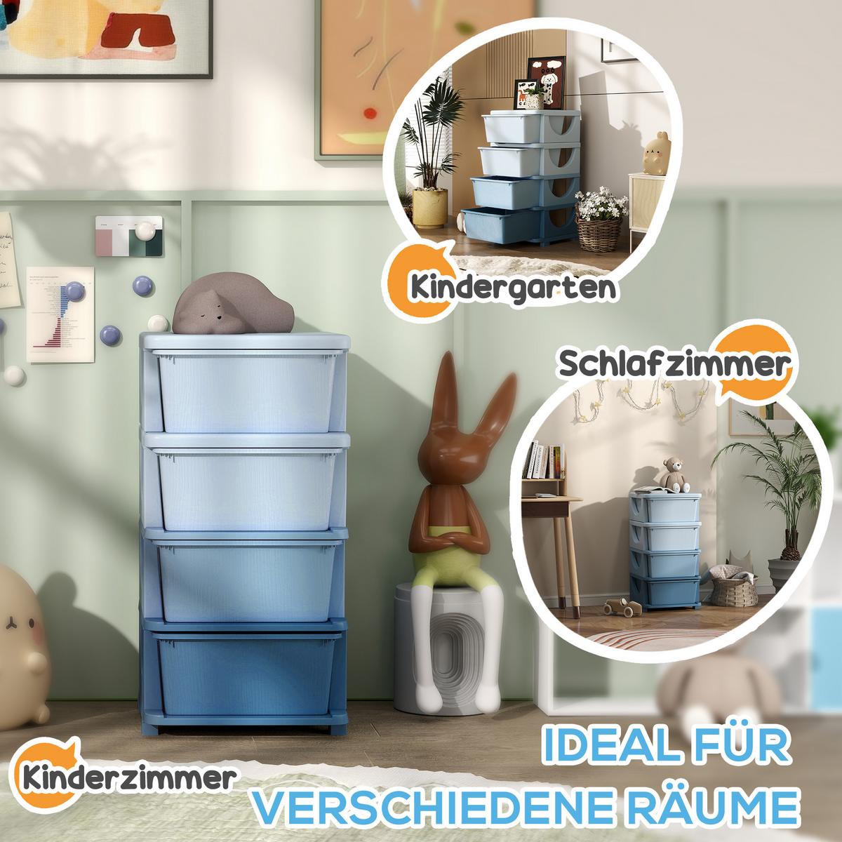 SCHUBLADENSCHRANK für Kinder mit Stauraum Aufbewahrungsboxen vier Ebene - Blau, Kunststoff (37/76/37cm) - HOMCOM