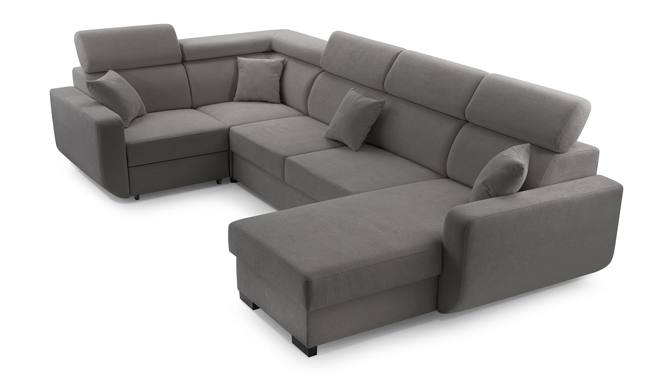 WOHNLANDSCHAFT CASTELLO Grau Plüsch-Stoff mit Schlaffunktion - Grau, Holz (337/97/184cm) - MASSENO