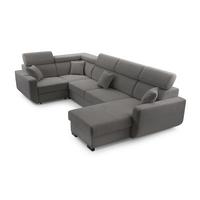 WOHNLANDSCHAFT CASTELLO Grau Plüsch-Stoff mit Schlaffunktion - Grau, Holz (337/97/184cm) - MASSENO