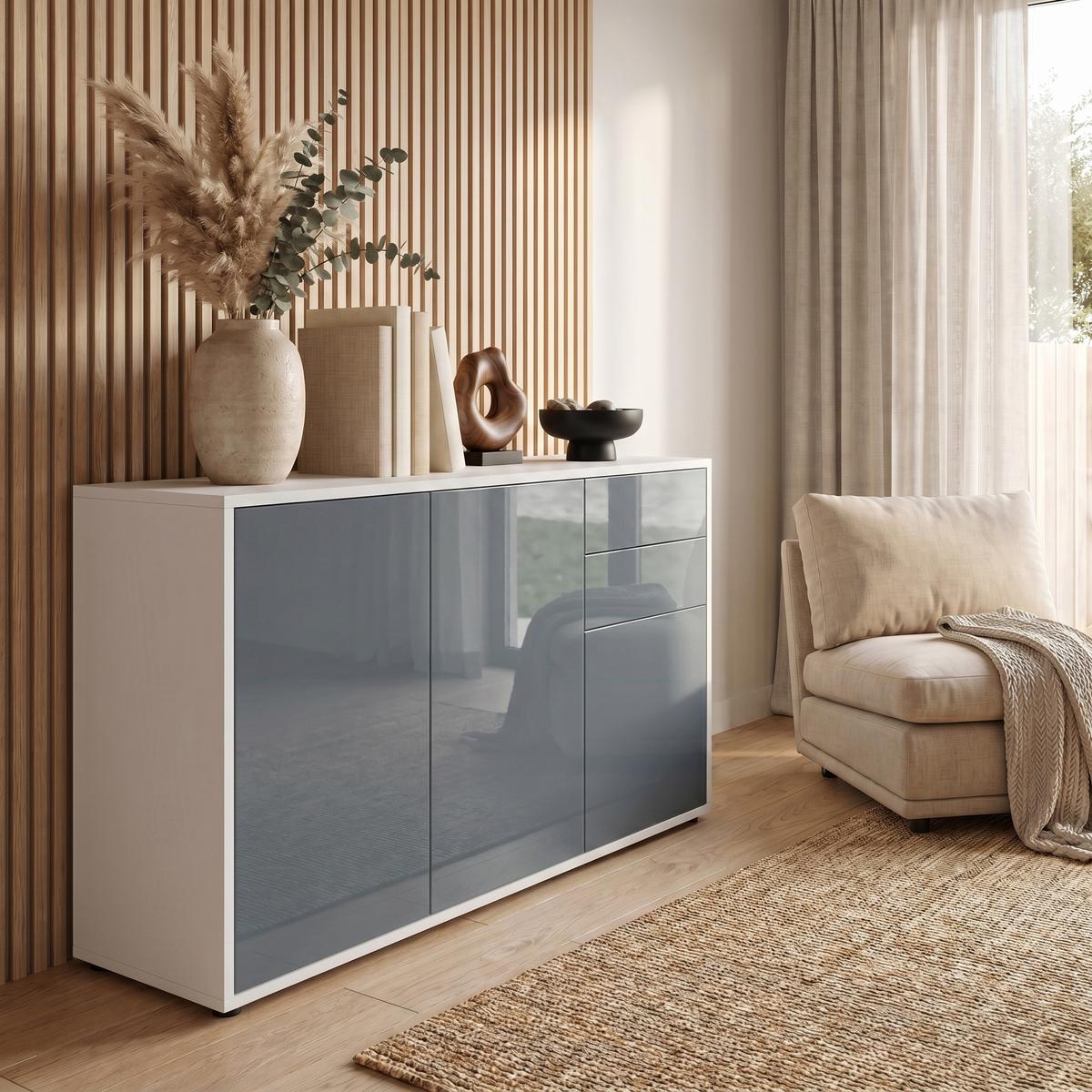 KOMMODE Ben Front in Grau Hochglanz - Grau, Holzwerkstoff (117/74/36cm) - Vladon