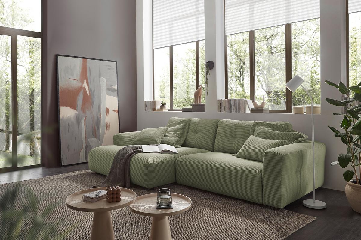 ECKSOFA MIKA Grün Cord - Schwarz/Olivgrün, Kunststoff/Textil (276/167cm) - KAWOLA
