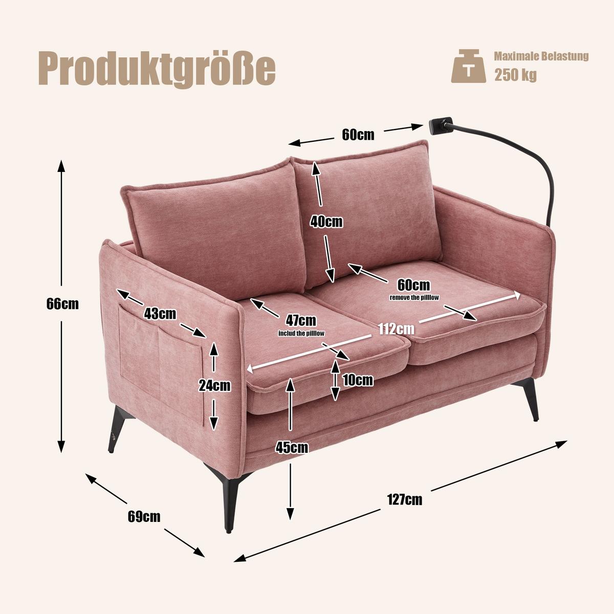 2-SITZER SOFA Chenille Mit Handy-Halter & Seitentaschen - Pink, Textil (127/66/69cm) - Urban Meuble