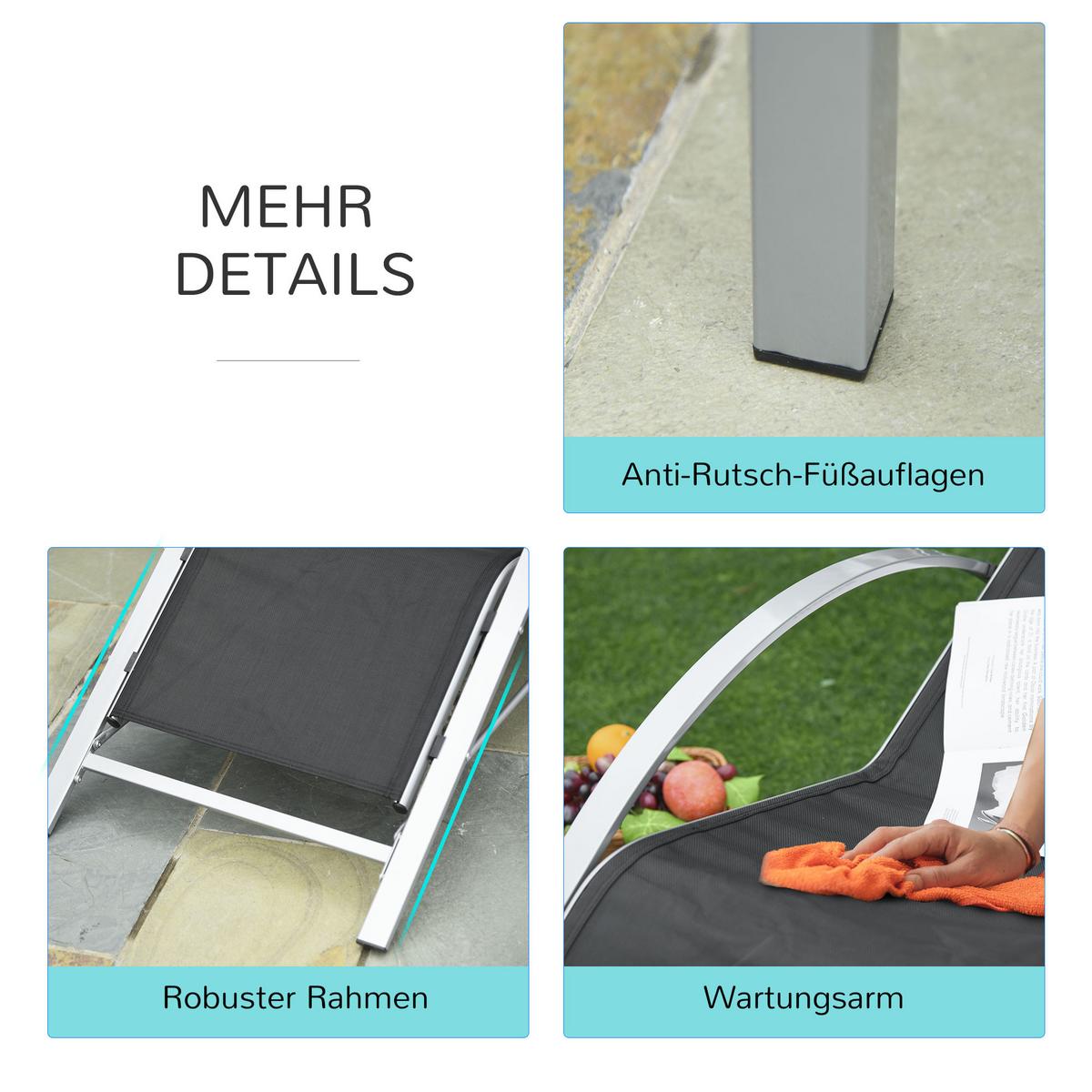 GARTENLIEGE mit Tisch, 59L x 169B x 66H cm, Metall,Mesh, Schwarz+Silber - Schwarz, Kunststoff (169/66/59cm) - Outsunny