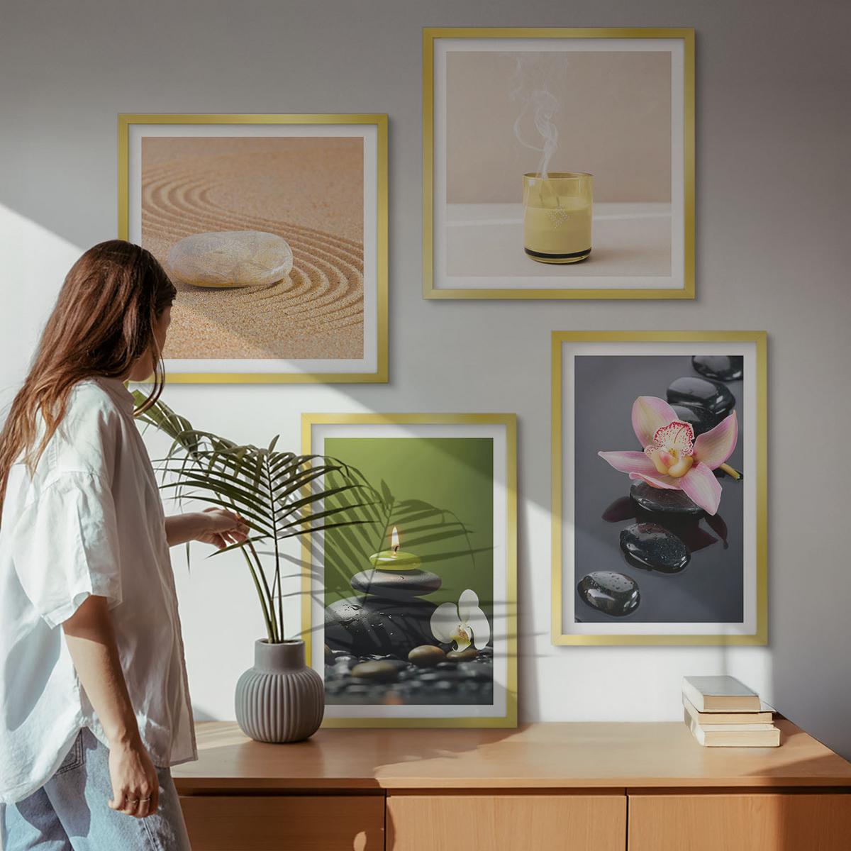 BILDER SET 4er Set - 50x50 cm & 40x60 cm Goldrahmen - Entspannende Zen-Steine für inneren Frieden - Goldfarben, Kunststoff (50/50cm) - TULUP