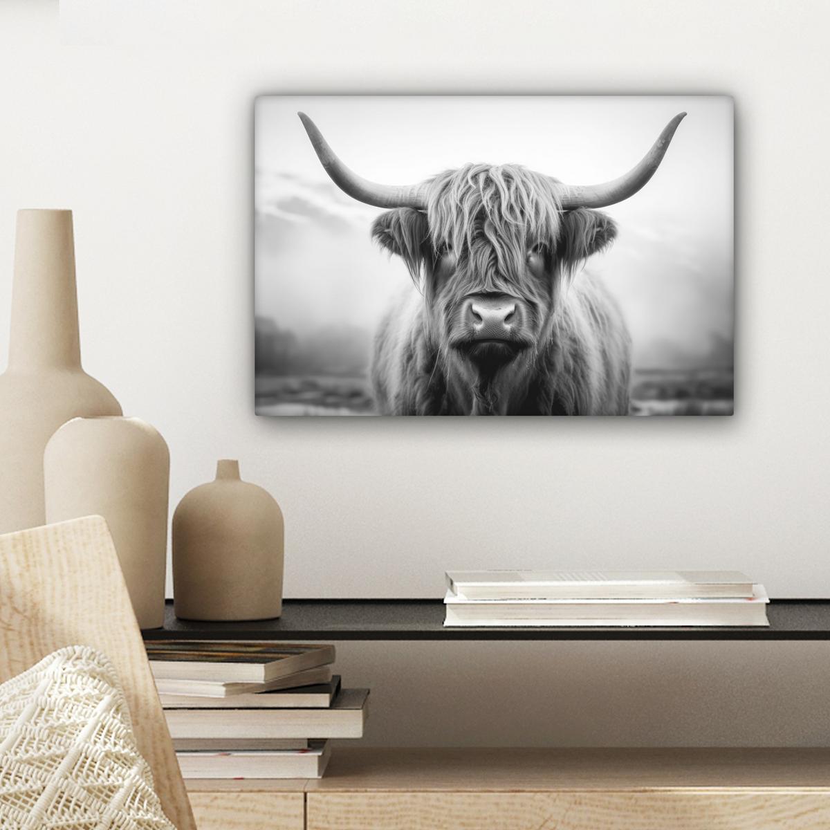 LEINWANDBILD Schottischer Highlander - Nebel - Schwarz - Weiß Deko Schlafzimmer 30x20 cm - Grau, Textil (30/20cm) - MuchoWow