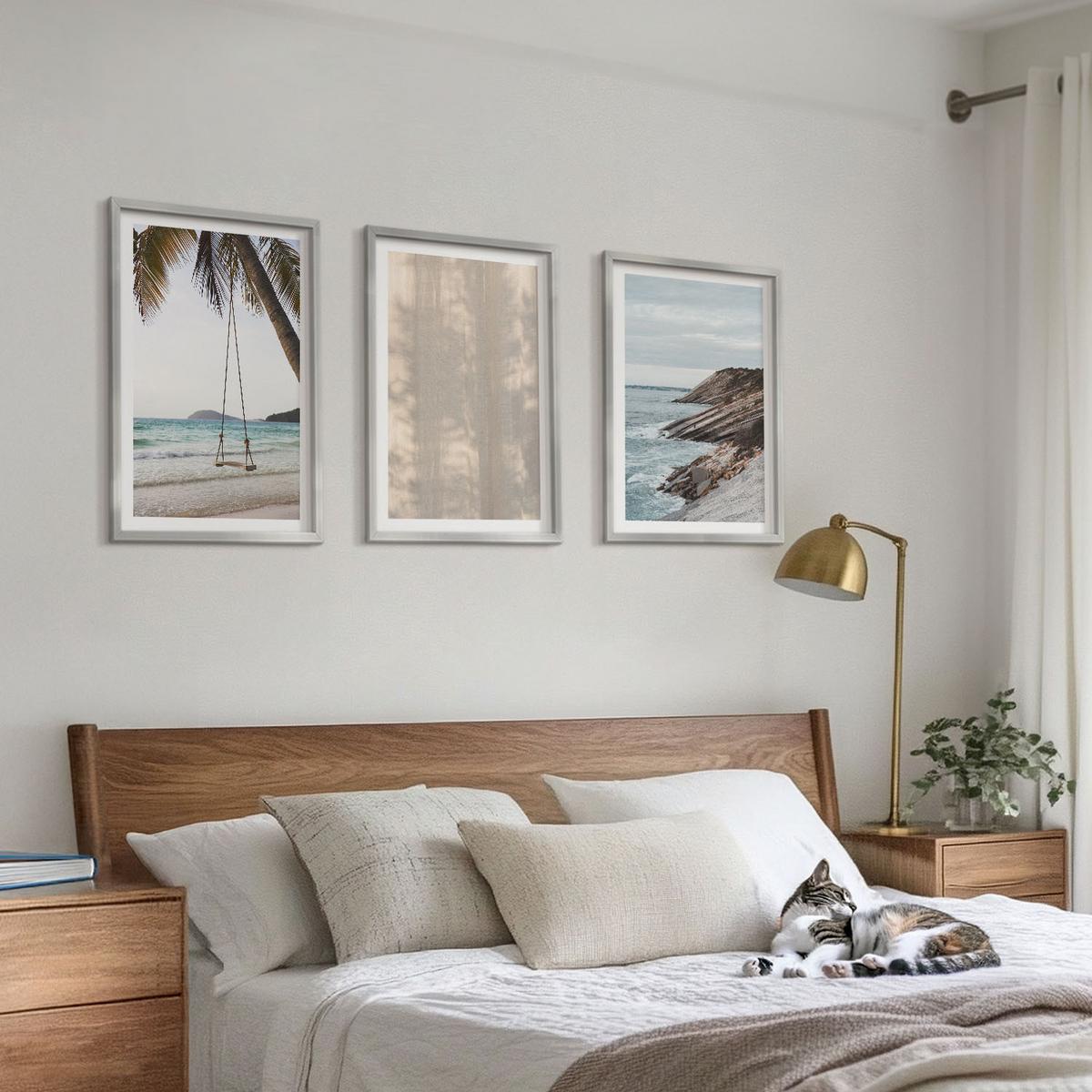 BILDER SET 3er Set - 40x60 cm Silberner Rahmen - Sommerlicher Sandstrand mit Meerblick - Silberfarben, Kunststoff (40/60cm) - TULUP
