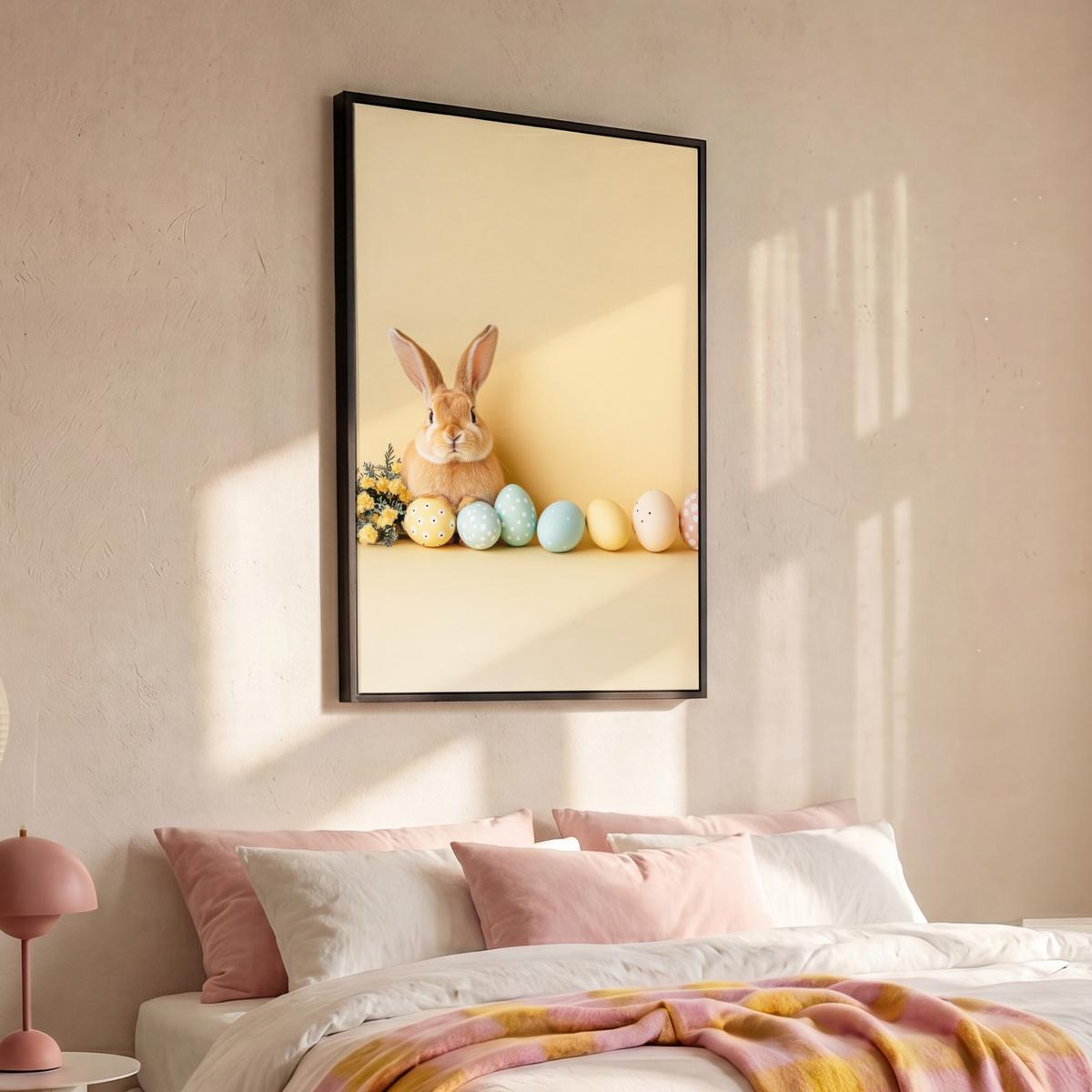 LEINWAND Bilder mit Rahmen - Eier - Kaninchen - Pastellfarbtöne - 100x150 - Hellgelb, Textil (100/150cm) - MuchoWow