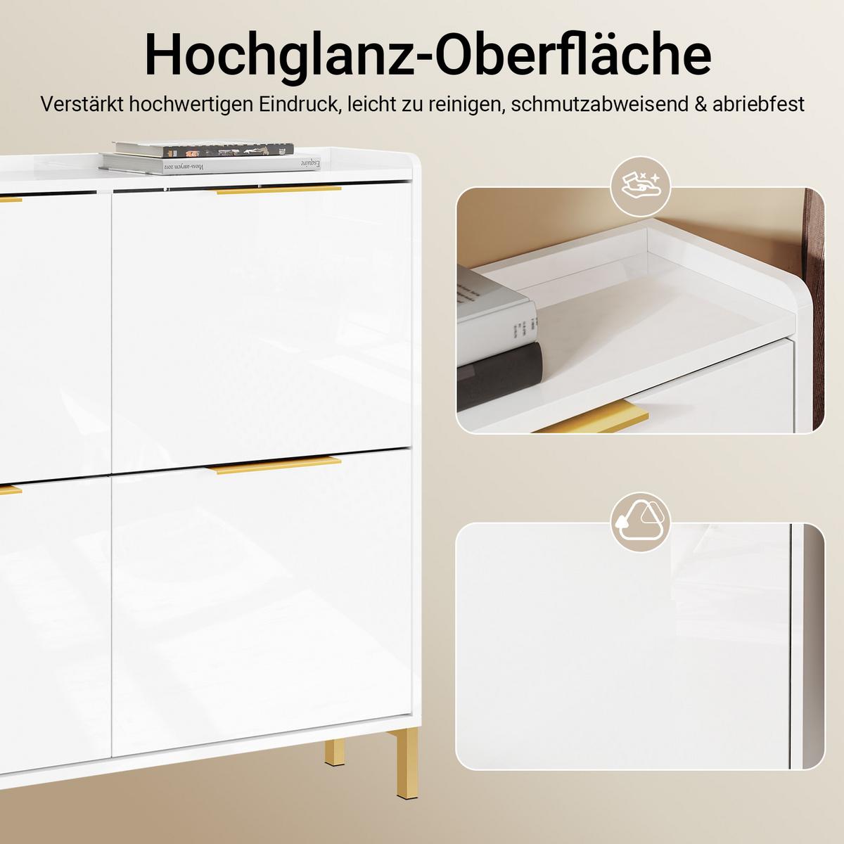 SCHUHSCHRANK mit 4 Klappen, Hochglanz Weiß 100x90x19cm - Weiß, Holzwerkstoff (100/90/19cm) - SoBuy