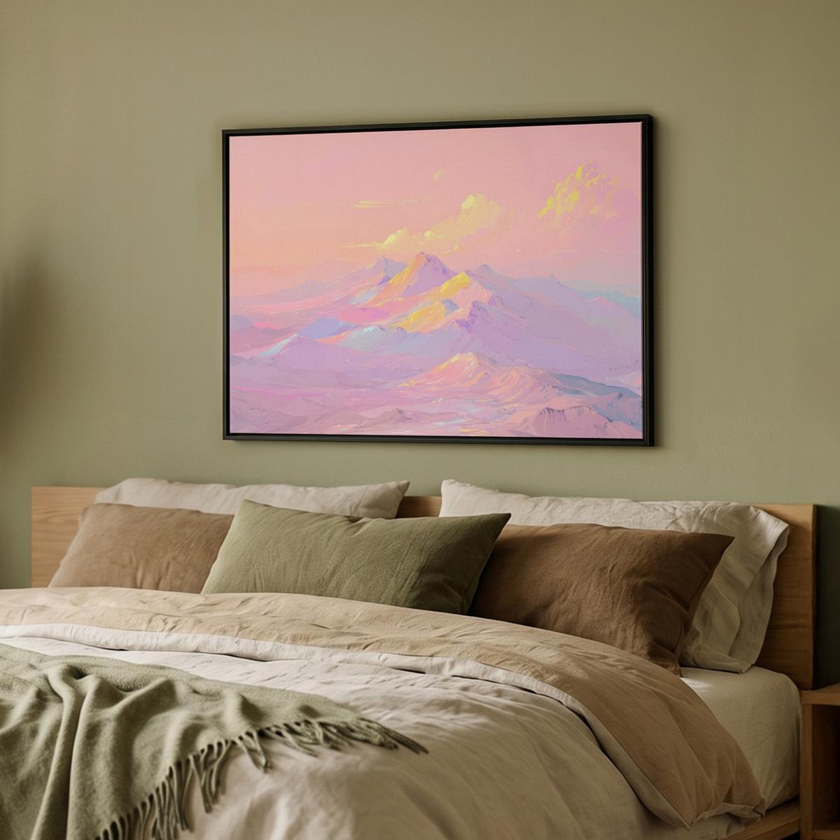 LEINWAND Bilder mit Rahmen - Berggipfel - Wolken - Verträumt - 80x60 - Hellrosa, Textil (80/60cm) - MuchoWow