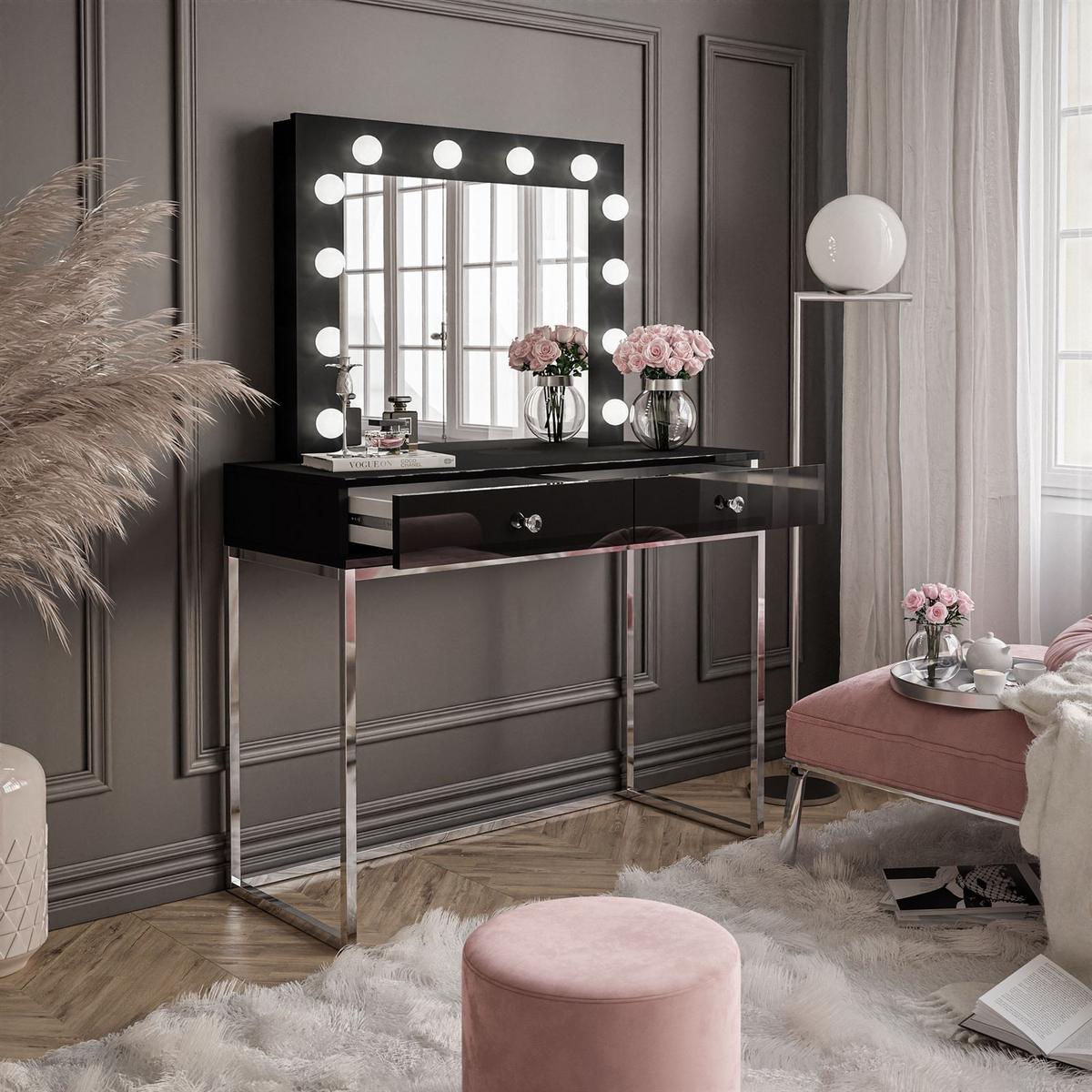 SCHMINKTISCH BLANCO GLAMOUR mit Spiegel und Beleuchtung Schwarz Hochglanz Kristallgriff - Schwarz Hochglanz/Silberfarben, Holzwerkstoff (100/146/42cm) - Lookway