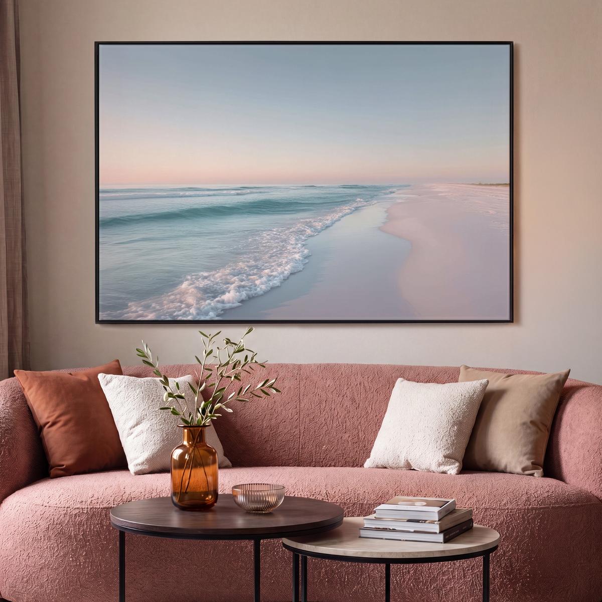 LEINWAND Bilder mit Rahmen - Küstenlinie - Pastell - Wasser - 120x80 - Pastellblau, Textil (120/80cm) - MuchoWow