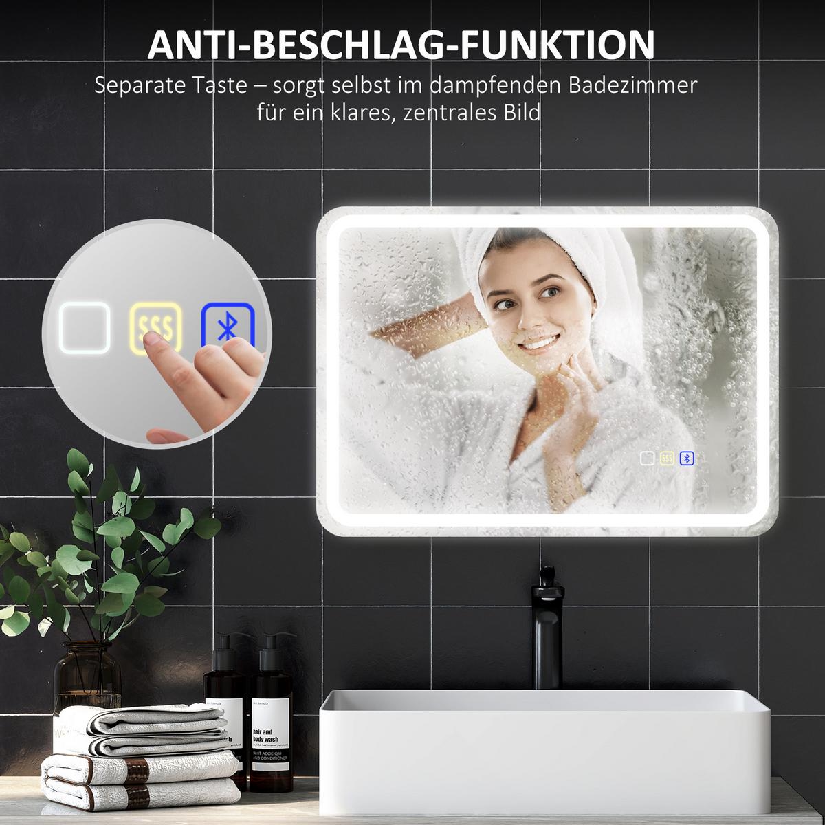 BADEZIMMERSPIEGEL mit LED-Beleuchtung, Anti-Beschlags-Pad, 3 verstellbare Farben - Silberfarben, Glas (50/3.5/70cm) - HOMCOM